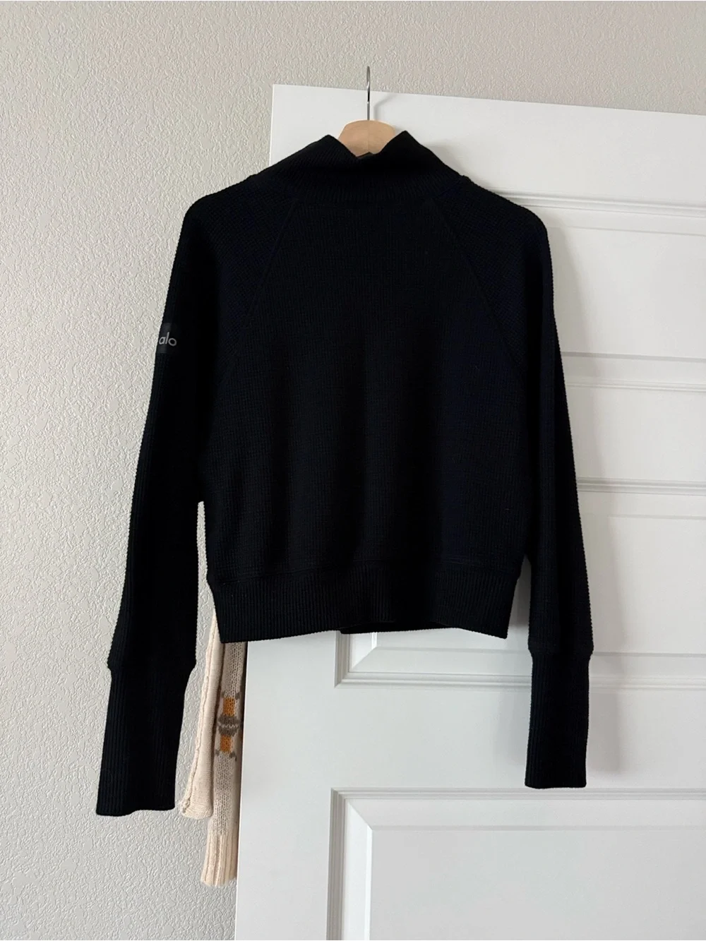 ALO Waffle Weekend Black Mock Neck Cozy Sweater